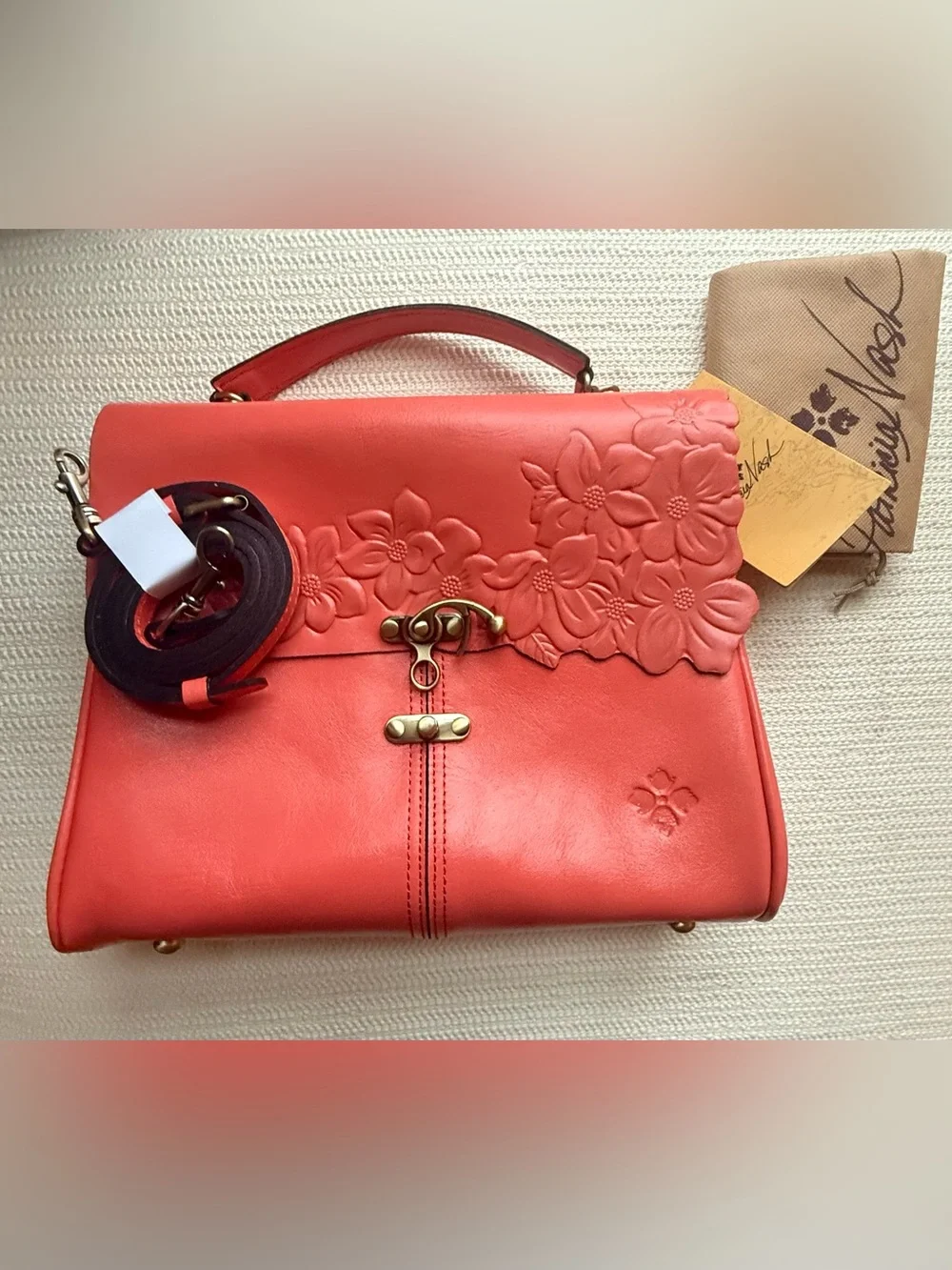 Patricia Nash Red Leather Floral Tooled Satchel Crossbody Bag NWT
